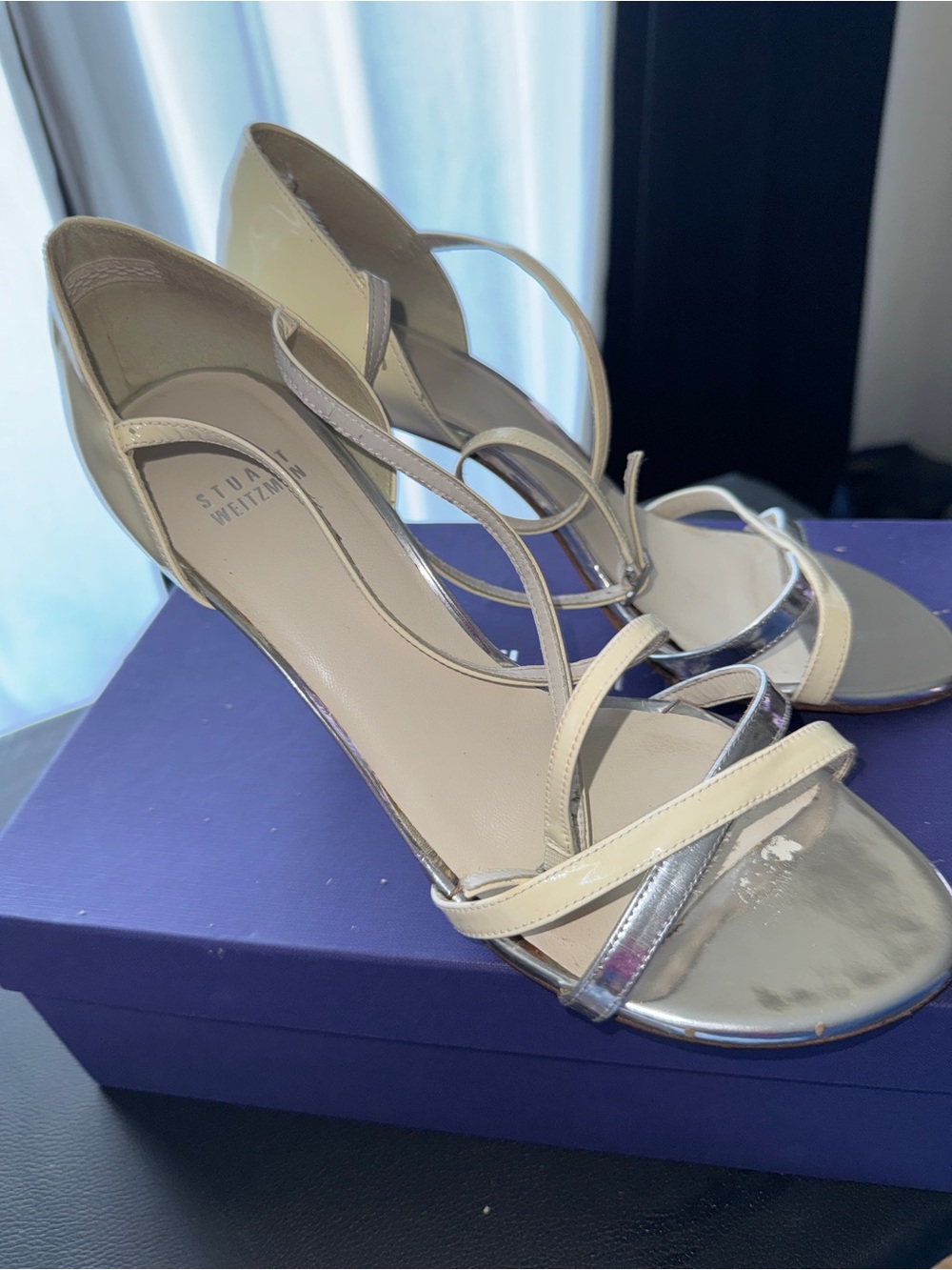 Stuart Weitzman Nude and Silver Strappy Stiletto Sandals - Picture 2 of 4